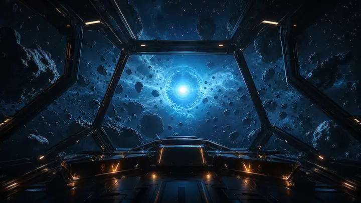 View from a spaceship cockpit toward a glowing blue star surrounded by asteroids.