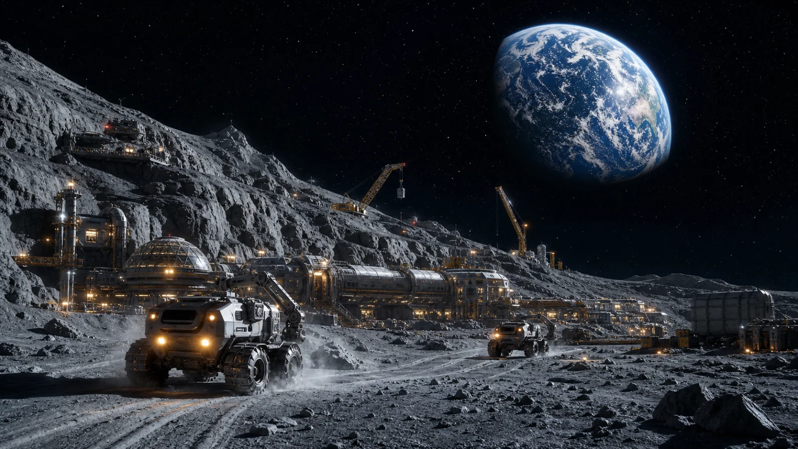 An automated convoy of machines building a structure on a lunar surface, illustrating a release pipeline that runs without manual work