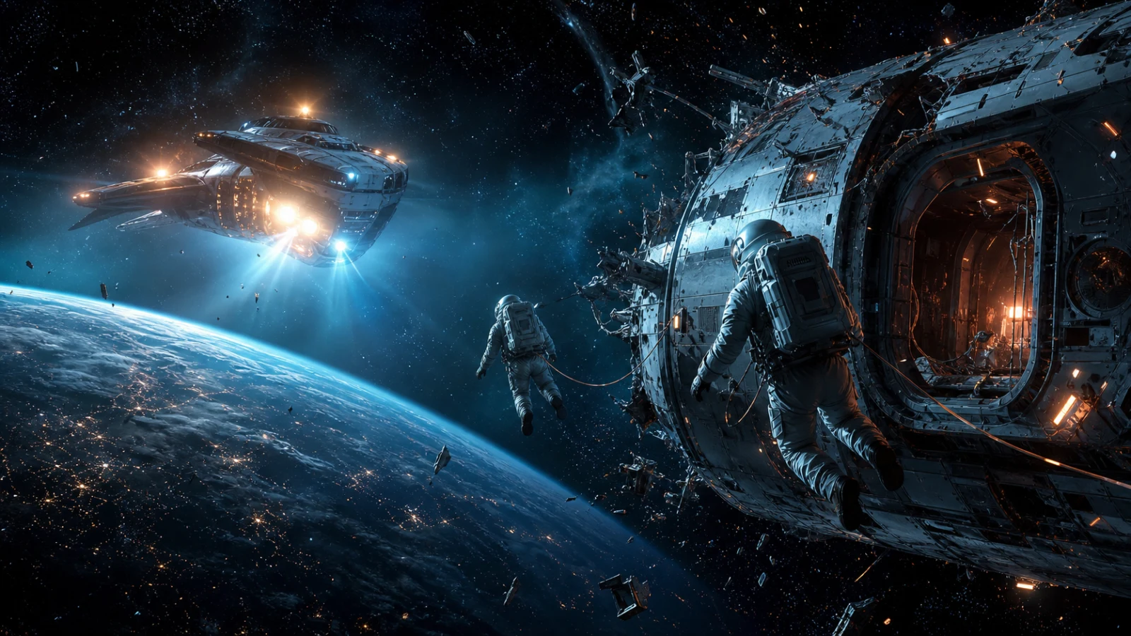 Two astronauts work outside a space station in orbit while a ship approaches, with Earth below.
