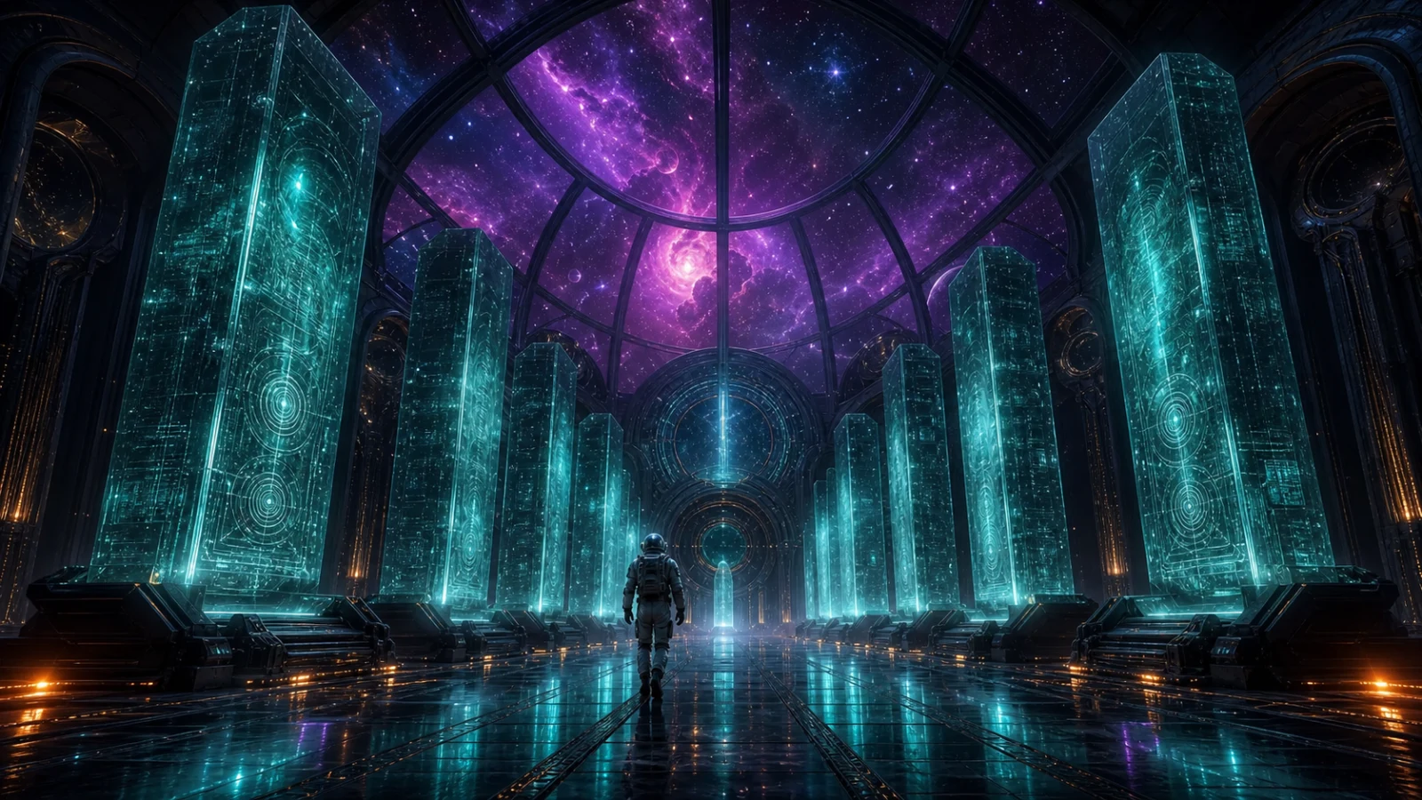 An astronaut walks down a hall of glowing data pillars under a dome that opens onto a purple nebula.