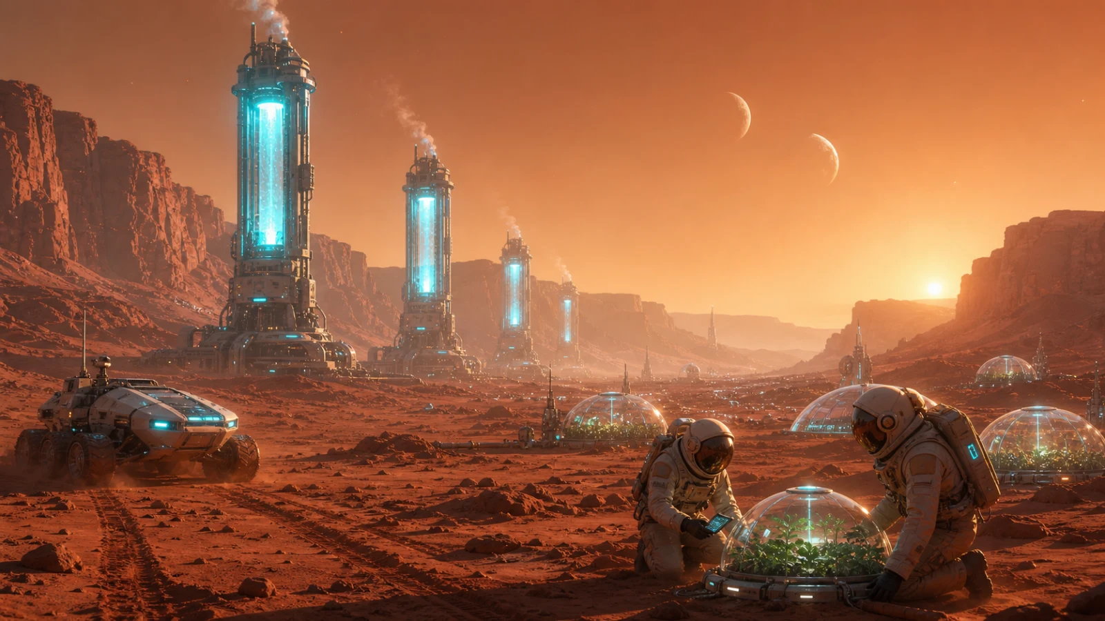 Two astronauts kneel beside a glass greenhouse dome on a red Martian plain, with glowing towers and a rover behind them.