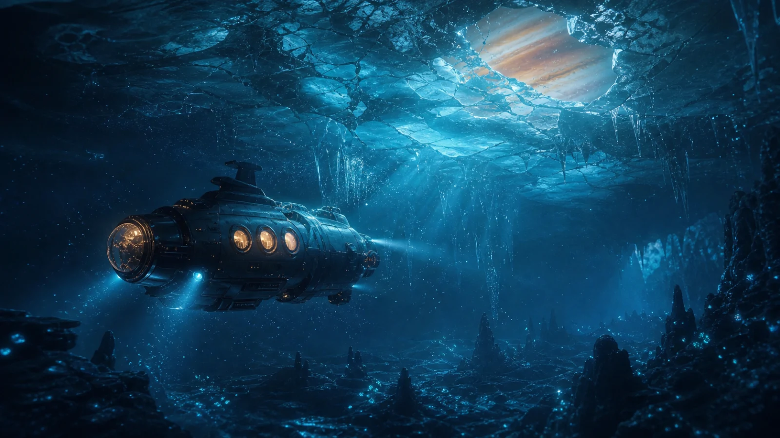 A lit submarine glides through a dark ocean under a cracked ice ceiling, with a gas giant visible through a gap in the ice.